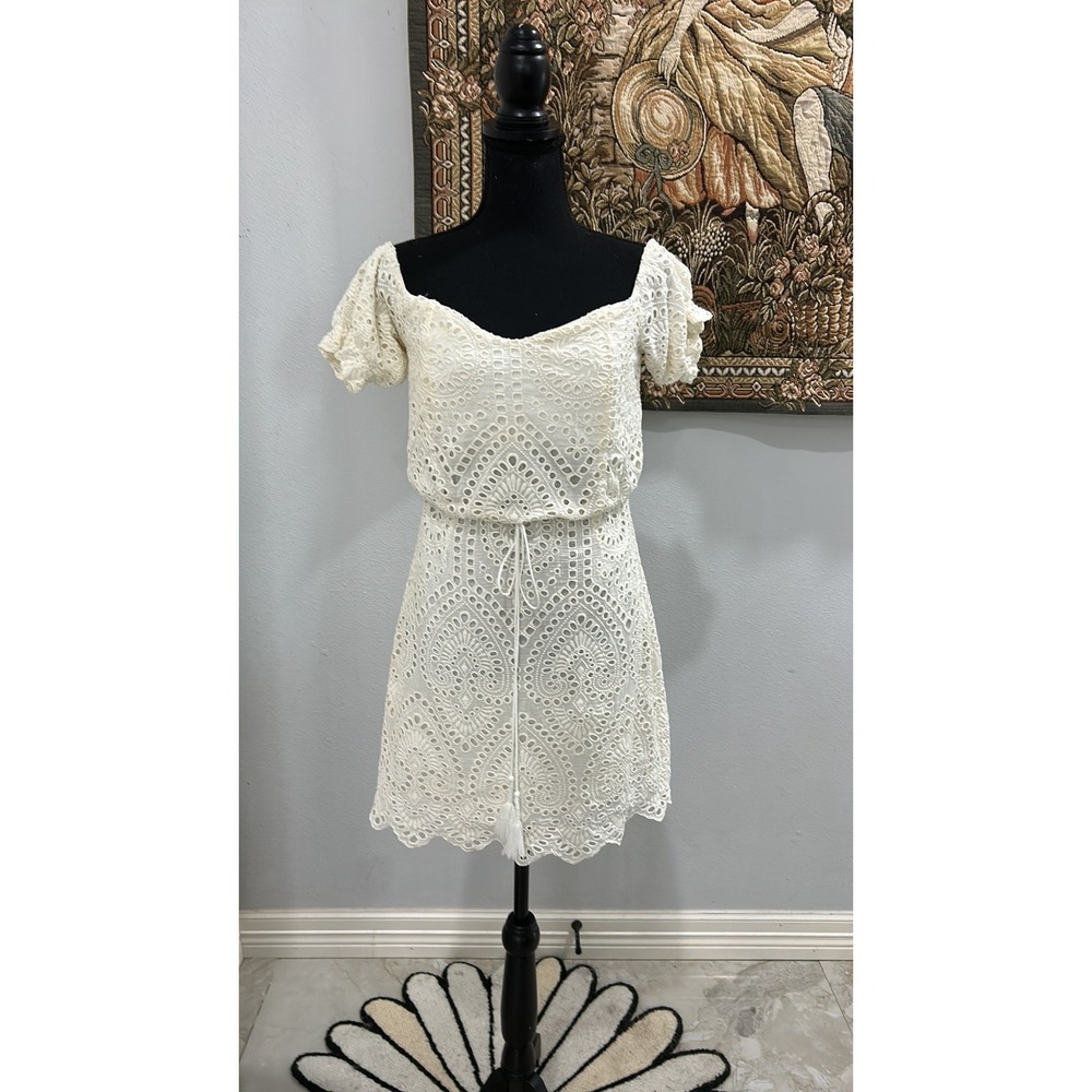 TJD Cream Eyelet Lace Off Shoulder Mini Dress Summer Casual Party